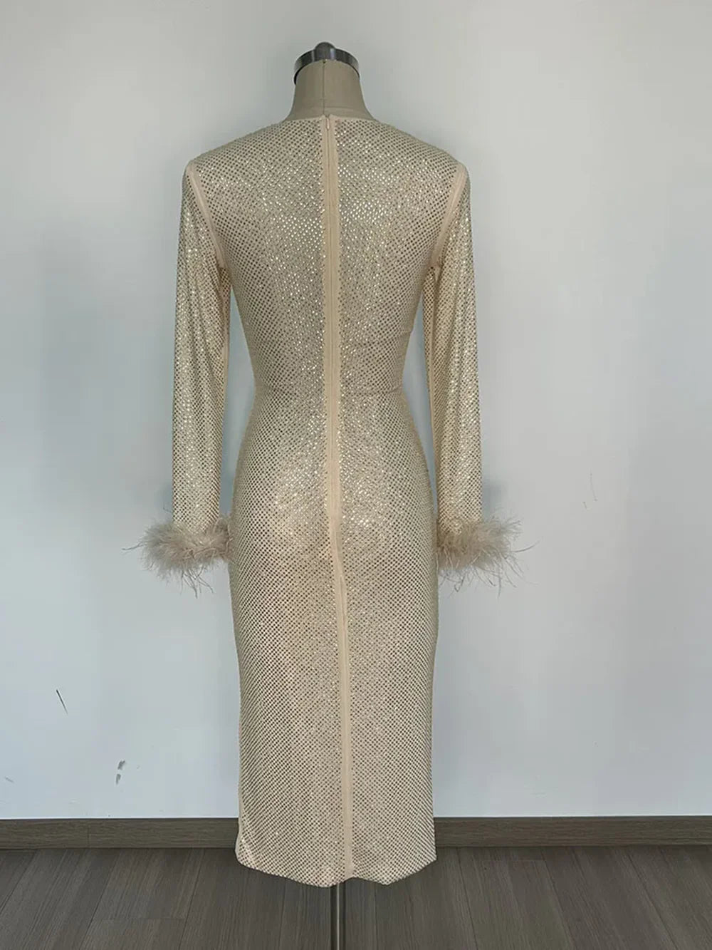 Long Sleeve Feathers Rhinestone Midi Dress