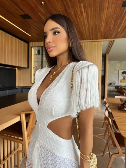 Deep V-Neck Tassel Long Party Dress