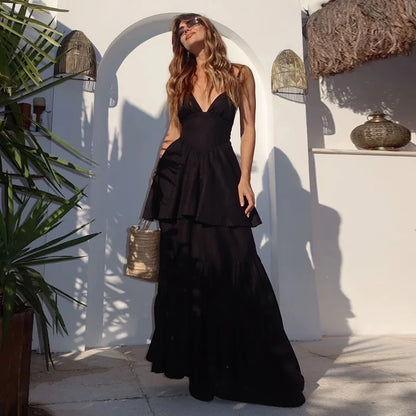 Brown V-neck Layered Maxi Dress