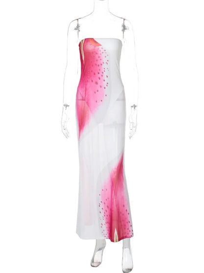 Mesh Floral Print Off-shoulder Long Dress