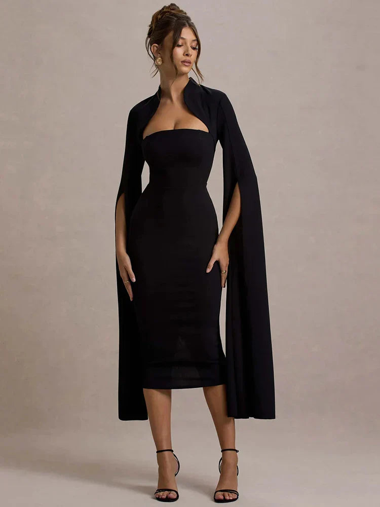 Cape Long Sleeve Square Collar Midi Dress