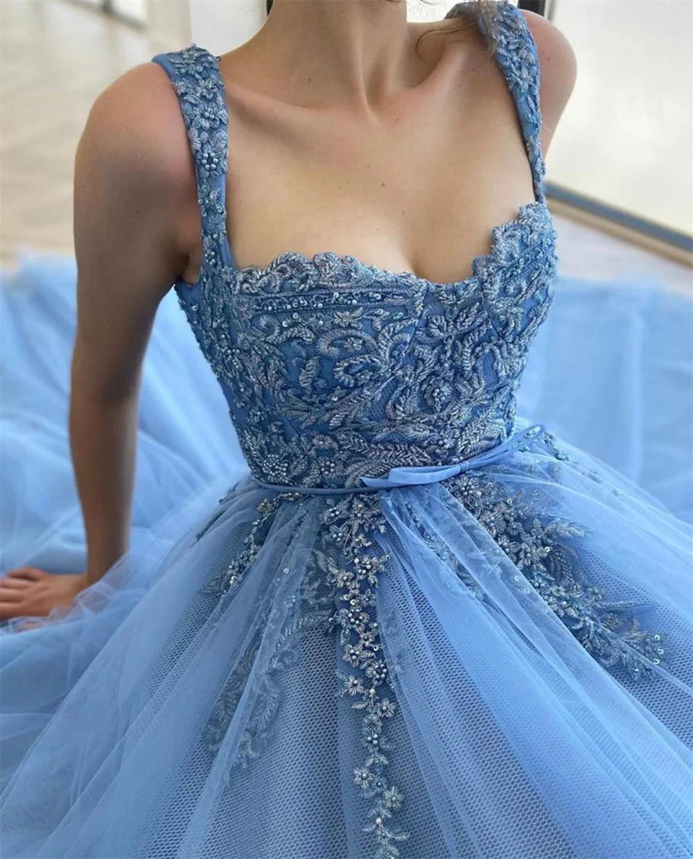 Heart Neck Beaded Lace Embroidery Prom Dress