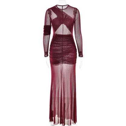 Mesh Patchwork Sheer Long Sleeve Dress
