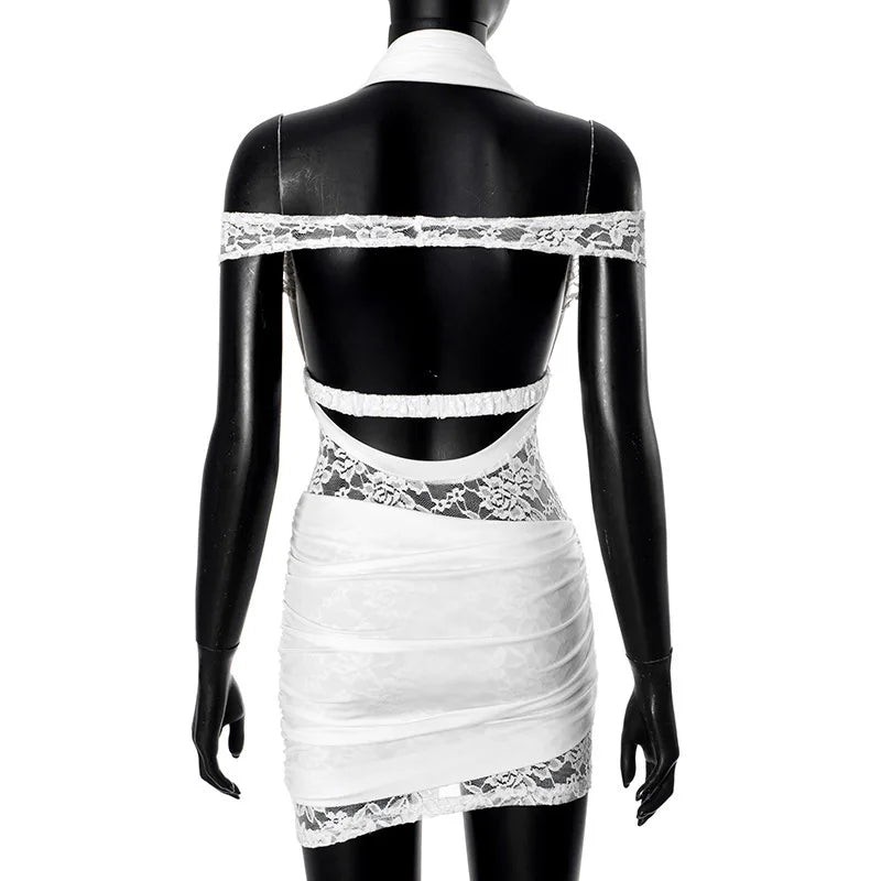 Halter Off the shoulder White Lace Mini Dress