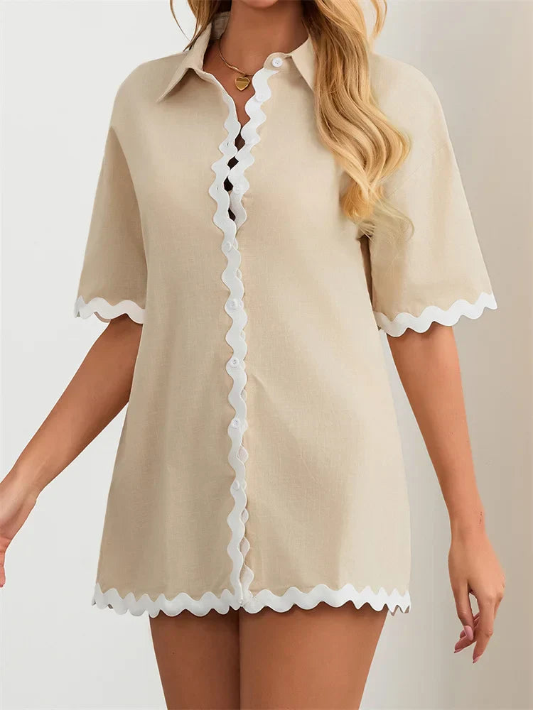 Contrast Short Sleeve Turn-Down Collar Mini Dress