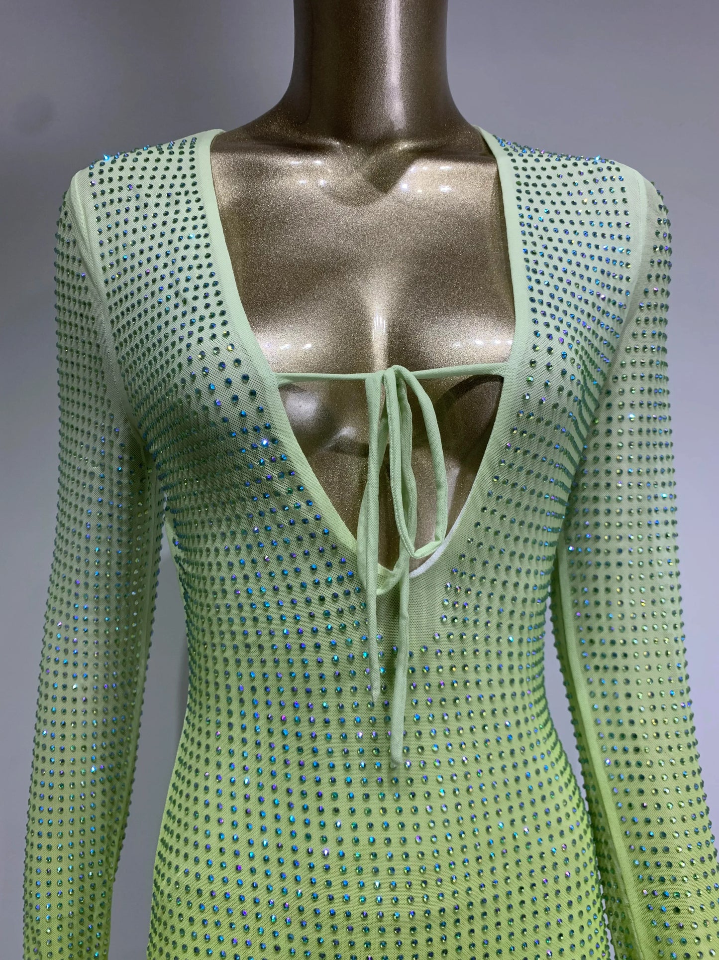 Green Gradient Midi Dress Shimmering Rhinestones & Bold Style