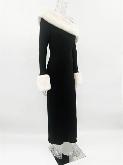 Fluffy Long Sleeve Off-Shoulder Patchwork Dress