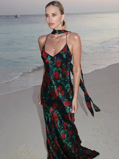 Halter Backless Print Sleeveless High Waist Long Dress