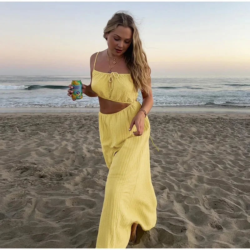 Lace Up Solid Color Open Back Long Dress
