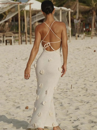 Halter Neck Flower Patchwork Lace-up Maxi Dress