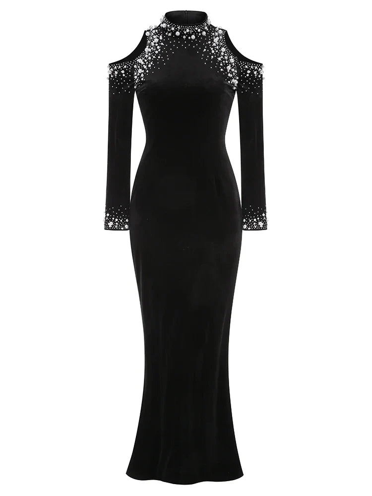 Long Sleeve Black Velvet Pearl Maxi Dress