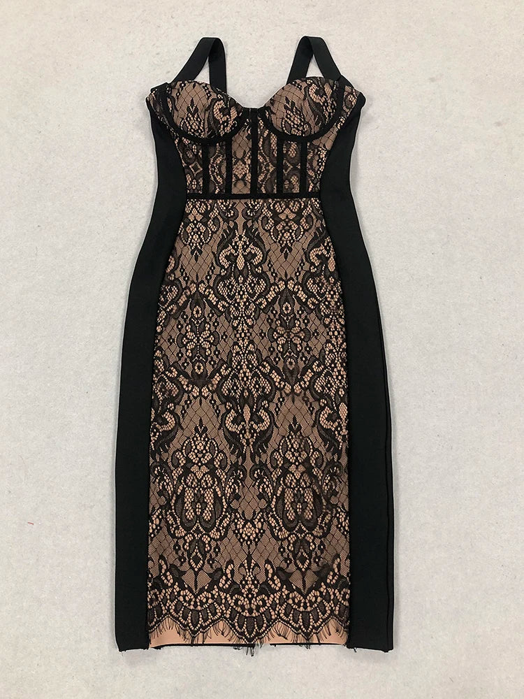 Lace Patchwork Black Midi Dress