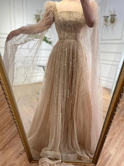 Cape Sleeves Feathers Beaded Evening Dresses