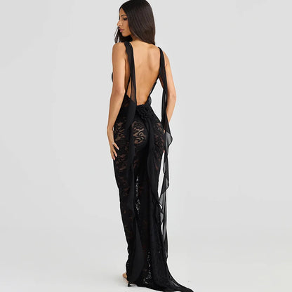 Lace Patchwork Backless Trailing Long Dress