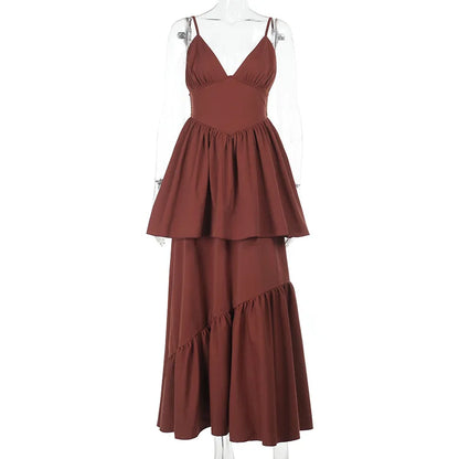 Brown V-neck Layered Maxi Dress