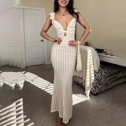 Deep V Neck Sleeveless High Waist Long Knitted Dress