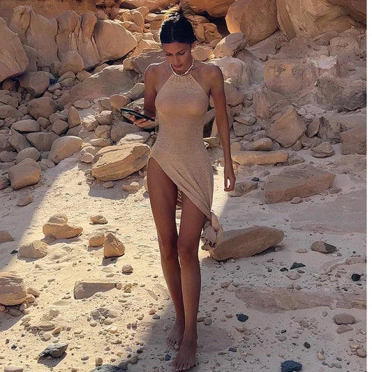 Knitted Cover Up Slit Bodycon Halter Neck Long Dress