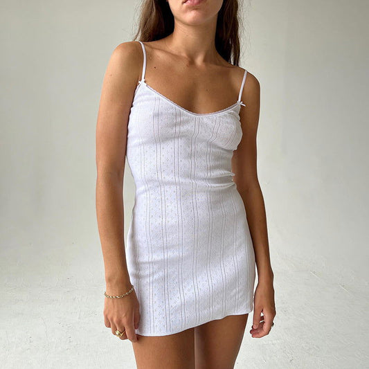 Lace V neck Backless Strap Cotton Dress for