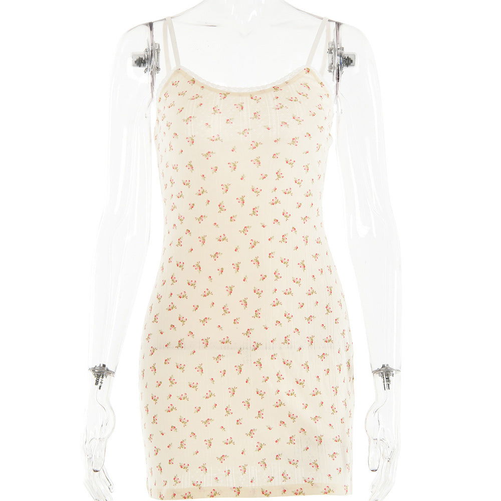 Lace V neck Backless Strap Cotton Dress for