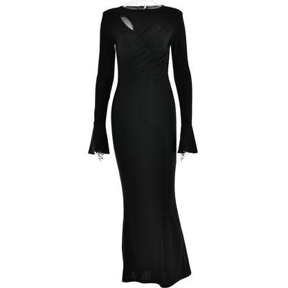 Long Sleeve round Neck Stitching Ruffle Horn Long Sleeve Narrow Slim Fit Maxi Dress