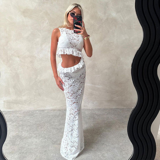 Lace Hollow Out Cutout Round Neck Sleeveless Dress Slim Fit Dress