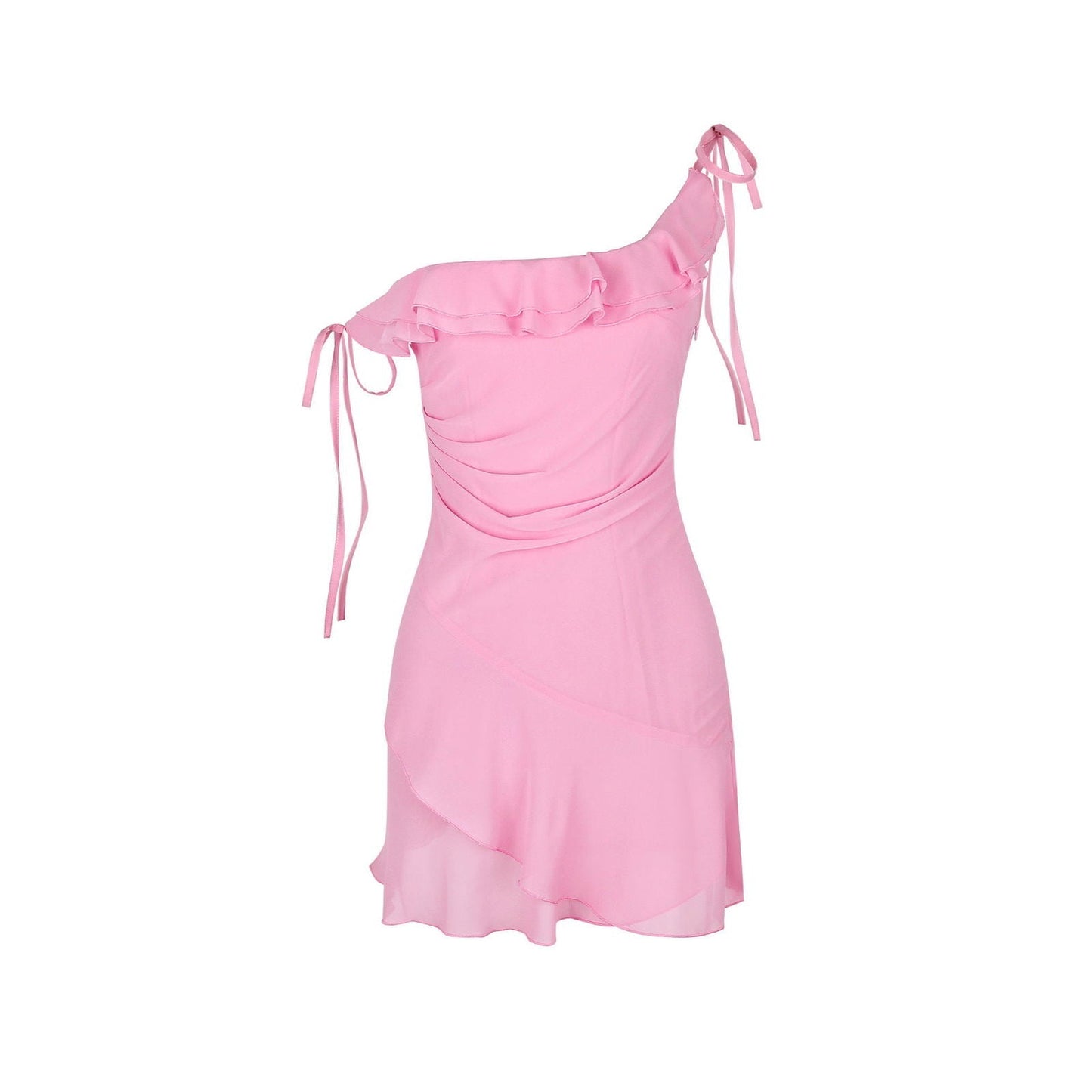 High Grade Chiffon Ruffled Oblique Shoulder French Dress Sweet Spicy Pink Small