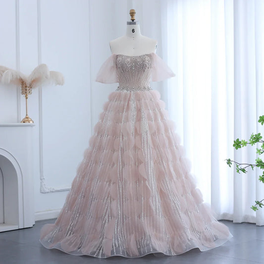 Crystal Princess Ball Gown Blush Pink Ruffles Evening Dress