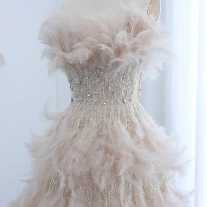 Feathers Princess Ball Gown Cream Evening Dress