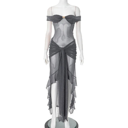 Mesh Ruffled Gray Off-shoulder Long Dress
