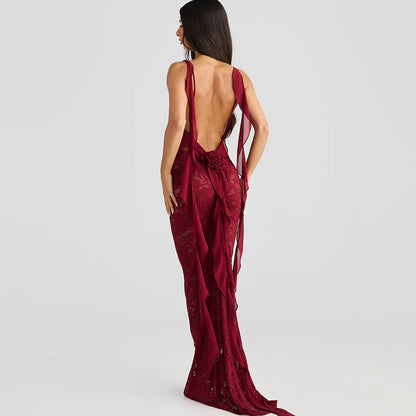 Lace Patchwork Backless Trailing Long Dress