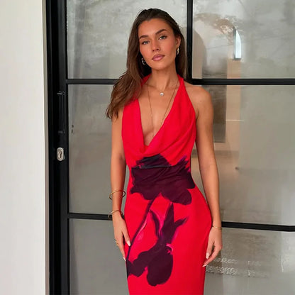 Flower Printed Halter Swinging Collar Long Dress
