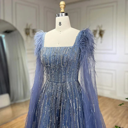 Cape Sleeves Feathers Beaded Evening Dresses