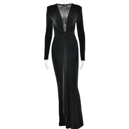 Elastic Deep V-Fold Lace Maxi Dress