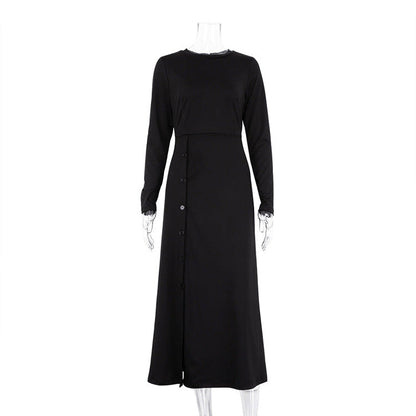Long Slit GracefulTight Waist Slim-Fit Long Sleeve Milk Silk Dress