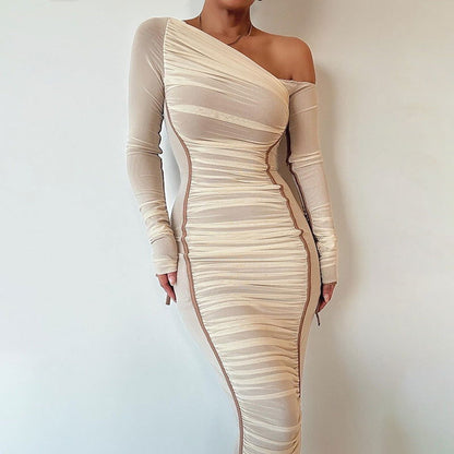 Dress Mesh Stitching One Shoulder Cold Shoulder Slim Fit Maxi Dress