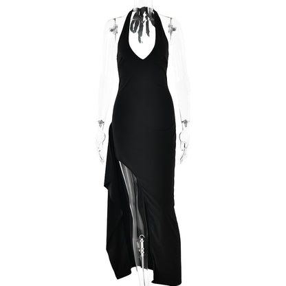 Dress V neck Halter Strap Backless Slit Maxi Dress