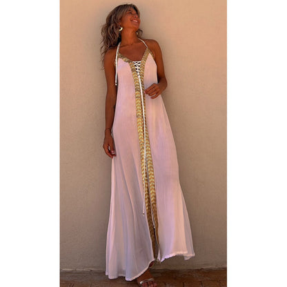 Lace up Halterneck Dress Casual Loose Vacation Large Swing Dress