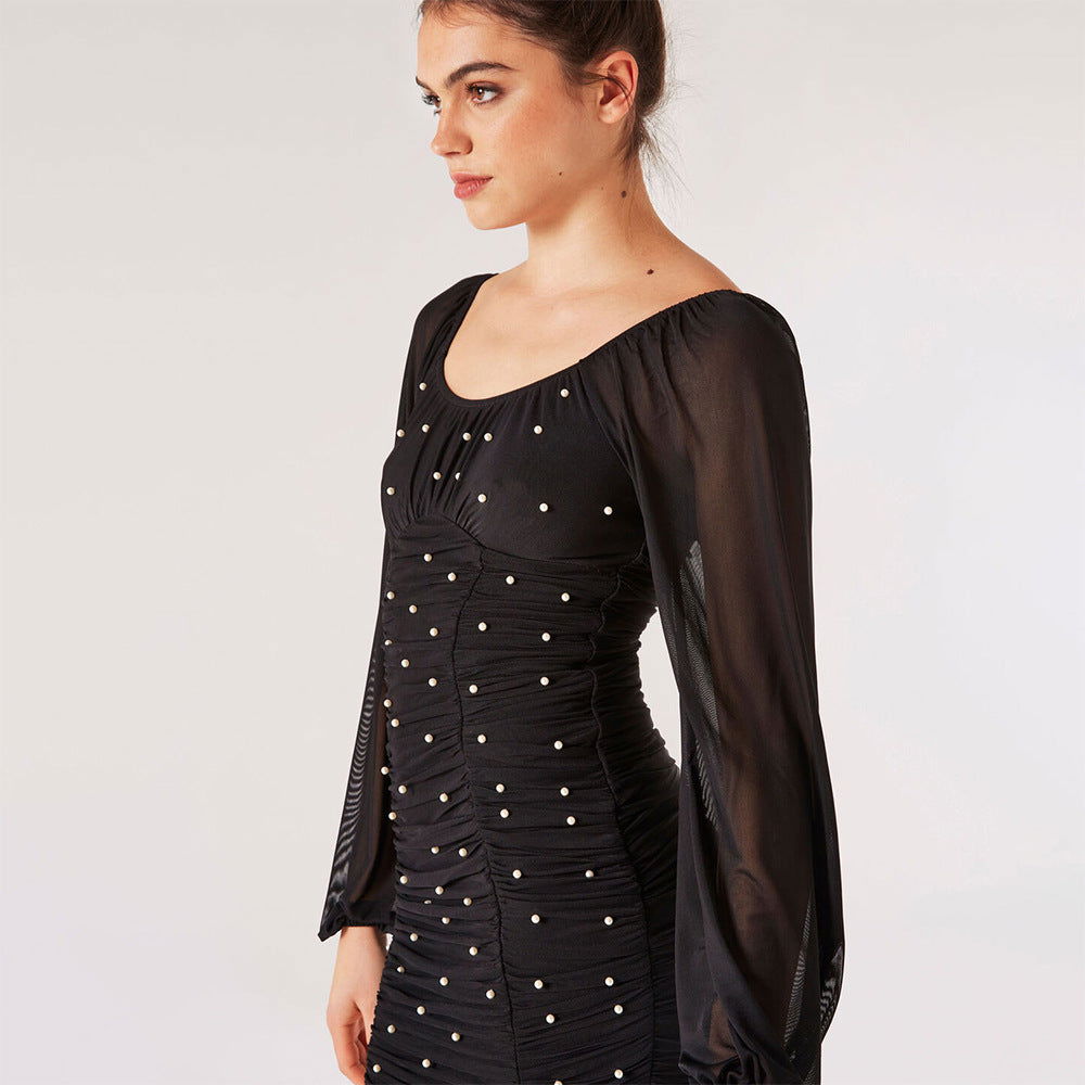 Fashionable Elegant Dress Mesh Pleated Backless Bead Long Sleeve Dress