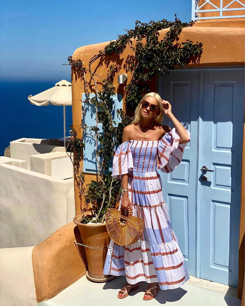 Casual Short Sleeve Striped off-Shoulder Large Swing Maxi Dress